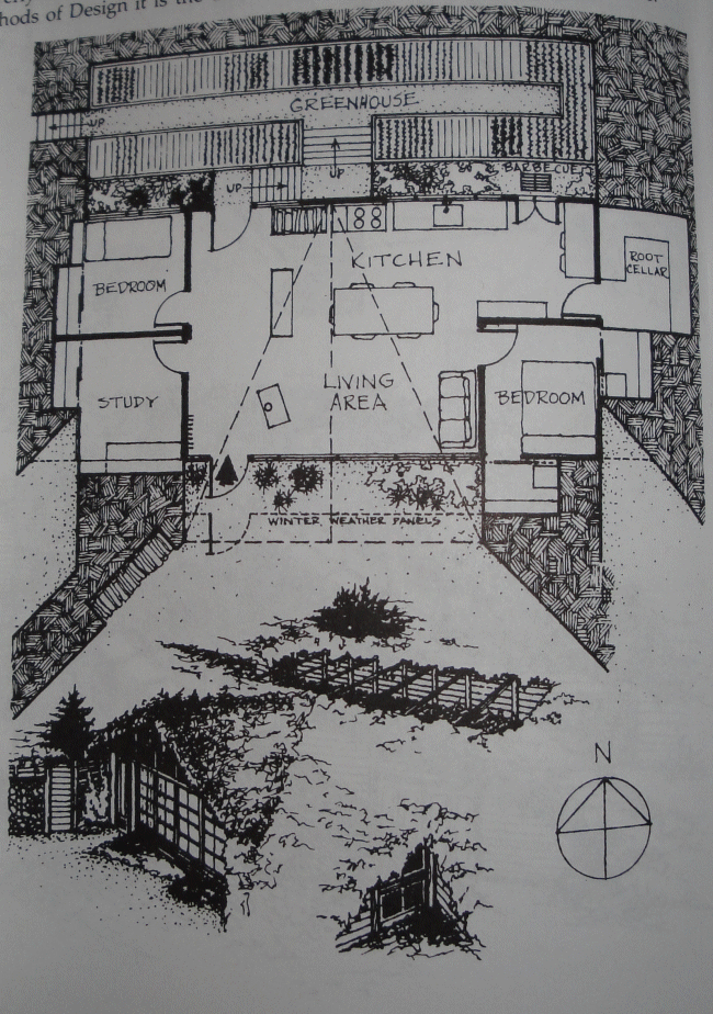 earth-integrated house design by Mike Oehler, from The 50 Dollar and Up Underground House Book, p.46